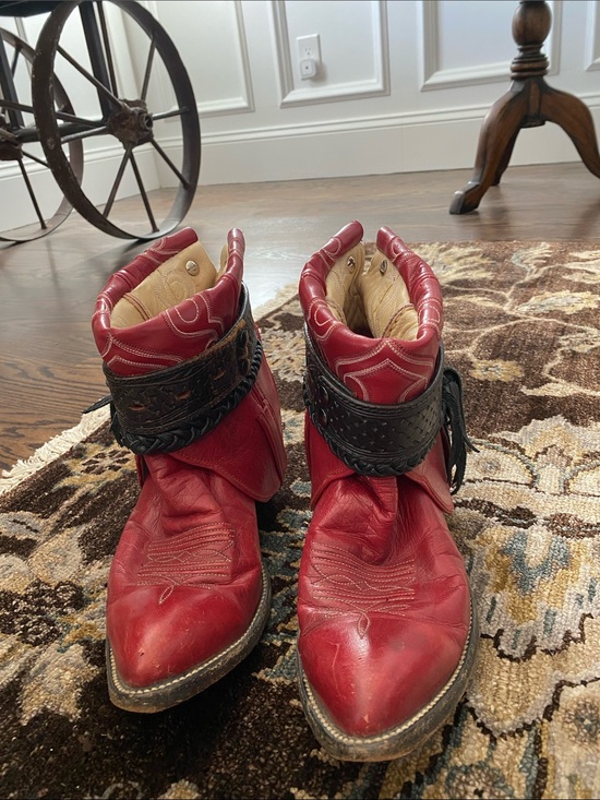 Hondo Boots Shoes - Women's Red Western Ankle Booties with Braided Black Strap